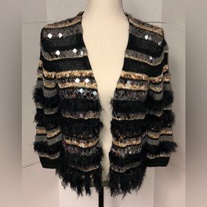 CHICOS Women’s Boho Open Cardigan Sweater Fringe Chenille Textured Stripe Size 1